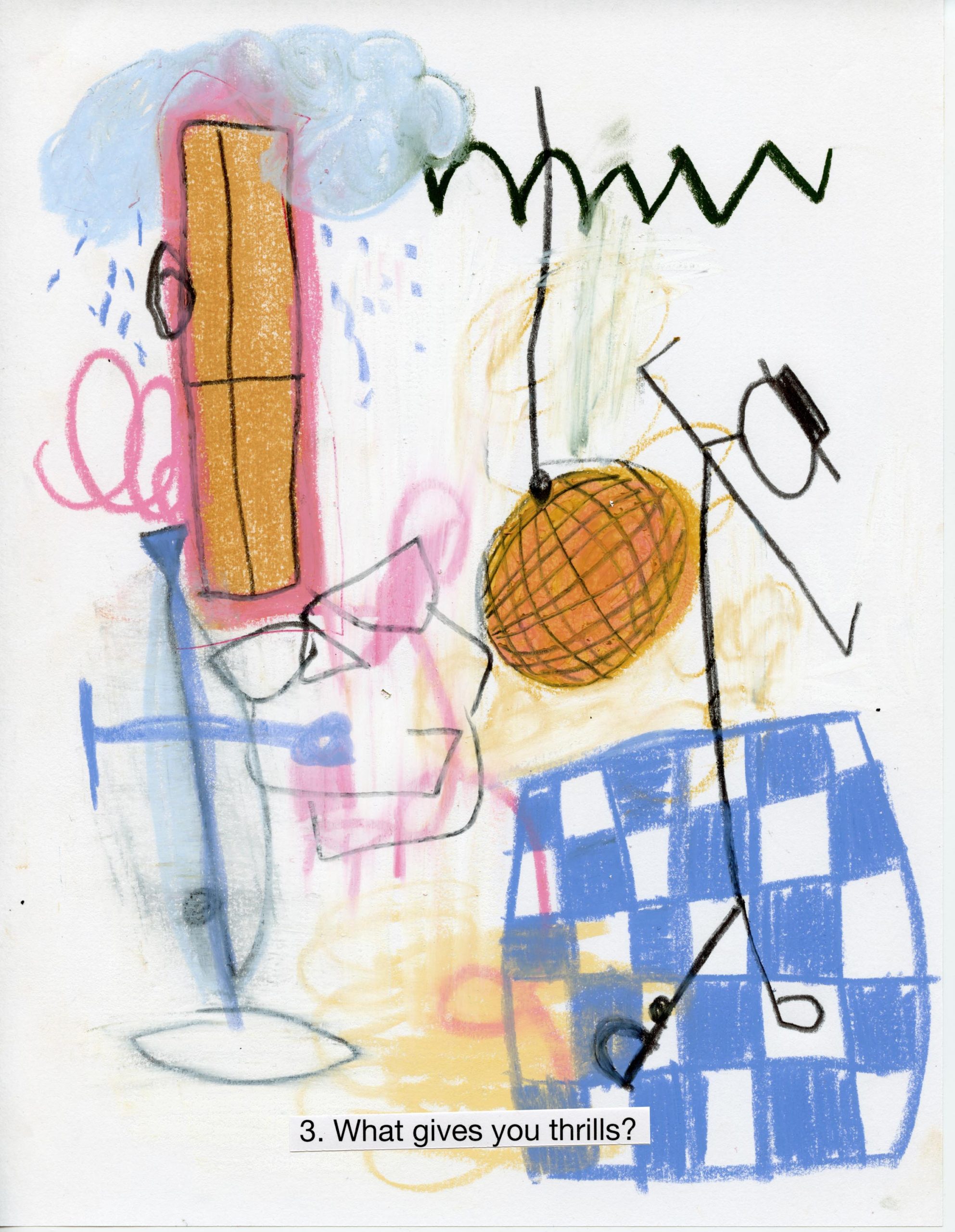 Daniel Bromberg Picture Interview Kollektiv Gallery What gives you thrills? Answered with chaotic crayon drawing of stick man on dance floor