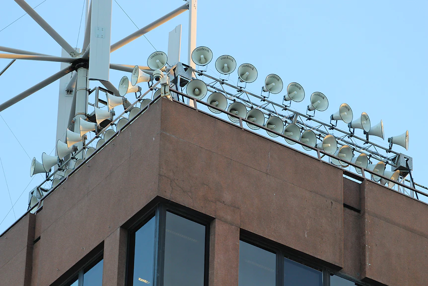 Speakers have been installed around Hobart to bring Dark Mofo's Siren Song to the city.(ABC News: Janek Frankowski)